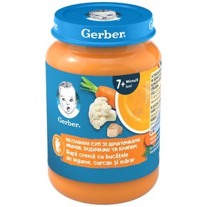 Пюре Gerber Весняний суп зі шматочками овочів, індичкою та кропом 190г