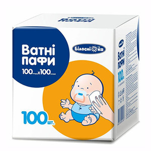 Ватні пафи Білосніжка дитячі 100*100 мм картон. упак. №100